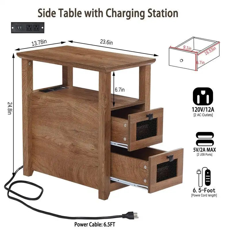 Table d'appoint avec station de recharge – Bûche/Gris/Cerisier/Blanc, 2 tiroirs, Recharge pour 2 personnes, Style fermette