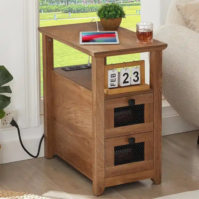 Table d'appoint avec station de recharge – Bûche/Gris/Cerisier/Blanc, 2 tiroirs, Recharge pour 2 personnes, Style fermette