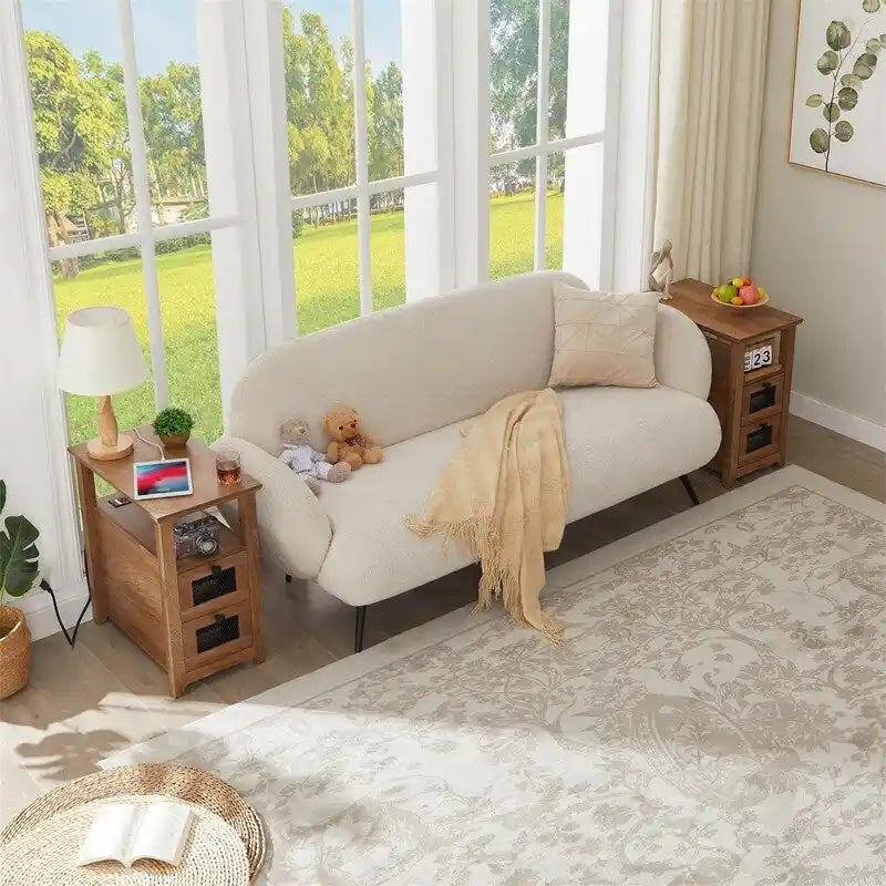 Table d'appoint avec station de recharge – Bûche/Gris/Cerisier/Blanc, 2 tiroirs, Recharge pour 2 personnes, Style fermette