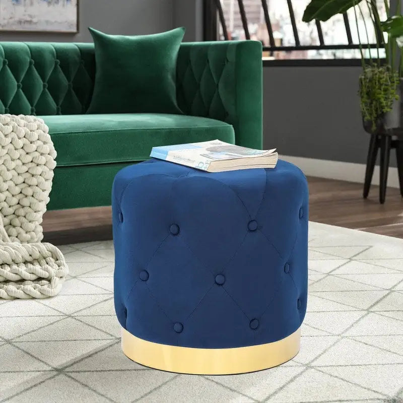 Pouf rond en velours gris/vert/bleu/orange/blanc, base plaquée or, repose-pieds et siège individuel