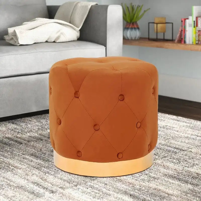 Pouf rond en velours gris/vert/bleu/orange/blanc, base plaquée or, repose-pieds et siège individuel