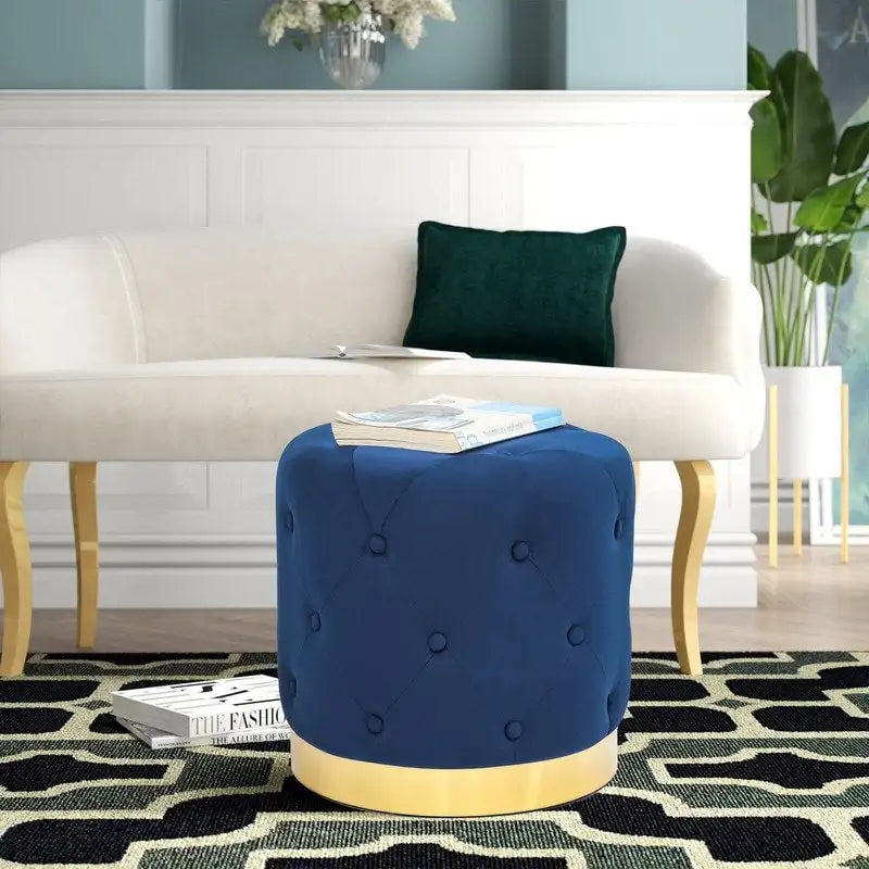 Pouf rond en velours gris/vert/bleu/orange/blanc, base plaquée or, repose-pieds et siège individuel