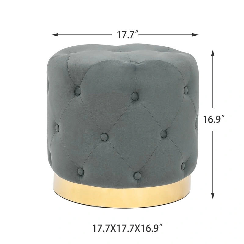 Pouf rond en velours gris/vert/bleu/orange/blanc, base plaquée or, repose-pieds et siège individuel