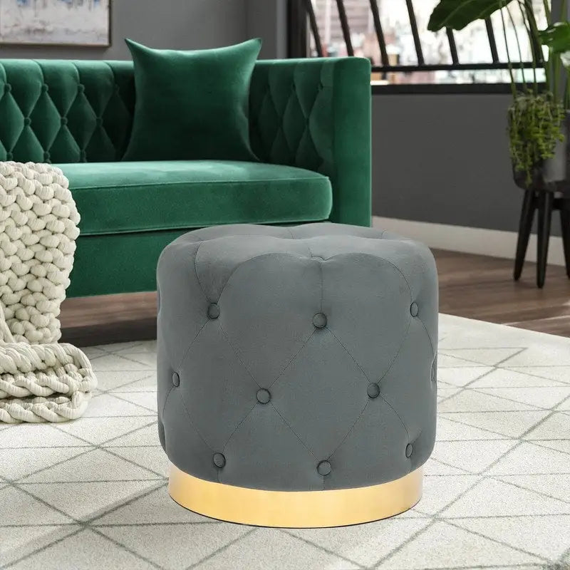 Pouf rond en velours gris/vert/bleu/orange/blanc, base plaquée or, repose-pieds et siège individuel