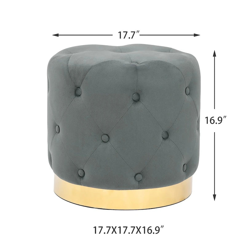 Pouf rond en velours gris/vert/bleu/orange/blanc, base plaquée or, repose-pieds et siège individuel