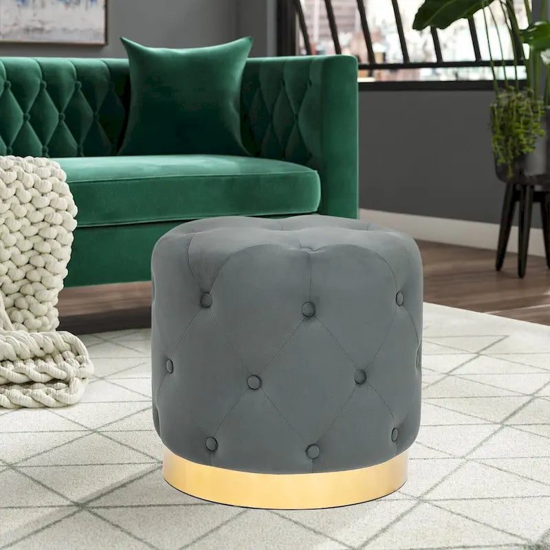 Pouf rond en velours gris/vert/bleu/orange/blanc, base plaquée or, repose-pieds et siège individuel