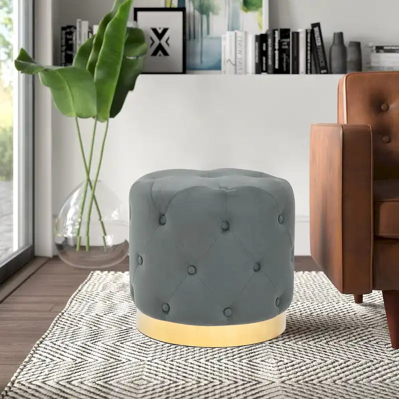 Pouf rond en velours gris/vert/bleu/orange/blanc, base plaquée or, repose-pieds et siège individuel