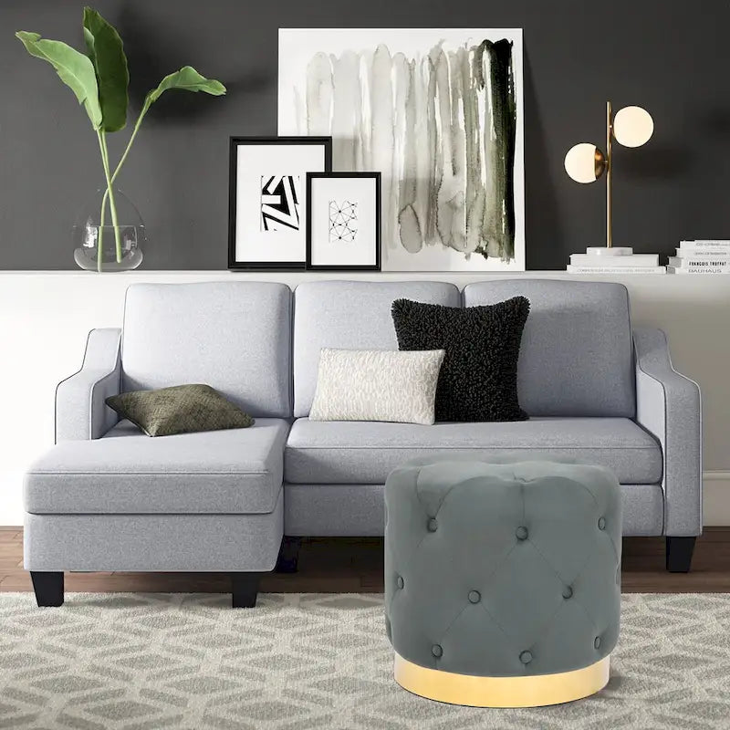 Pouf rond en velours gris/vert/bleu/orange/blanc, base plaquée or, repose-pieds et siège individuel