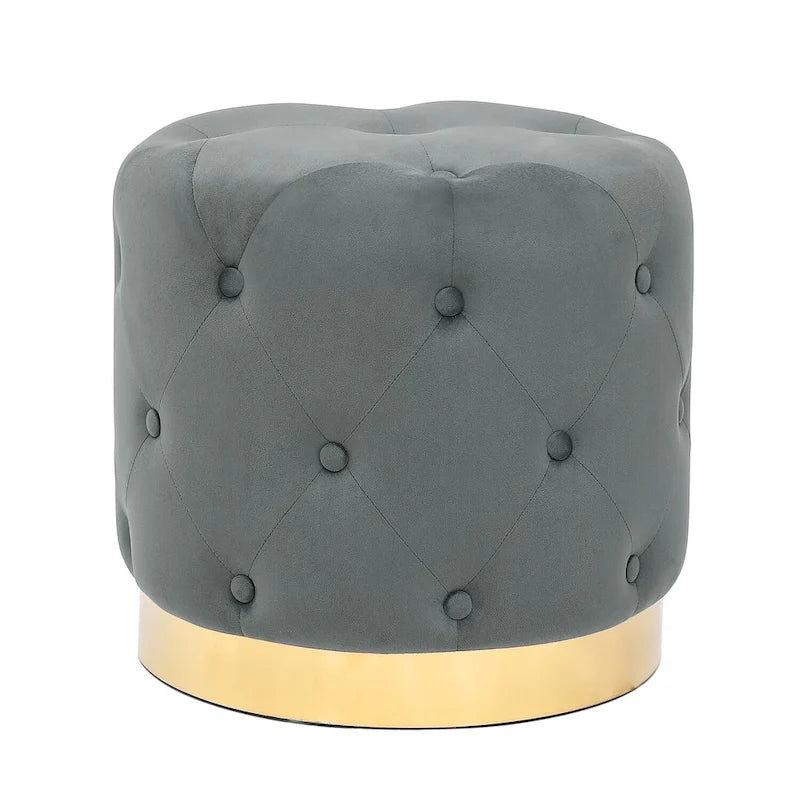Pouf rond en velours gris/vert/bleu/orange/blanc, base plaquée or, repose-pieds et siège individuel