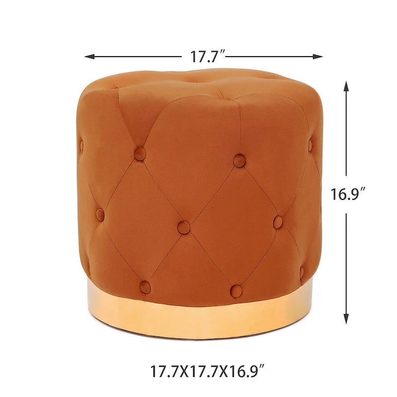 Pouf rond en velours gris/vert/bleu/orange/blanc, base plaquée or, repose-pieds et siège individuel