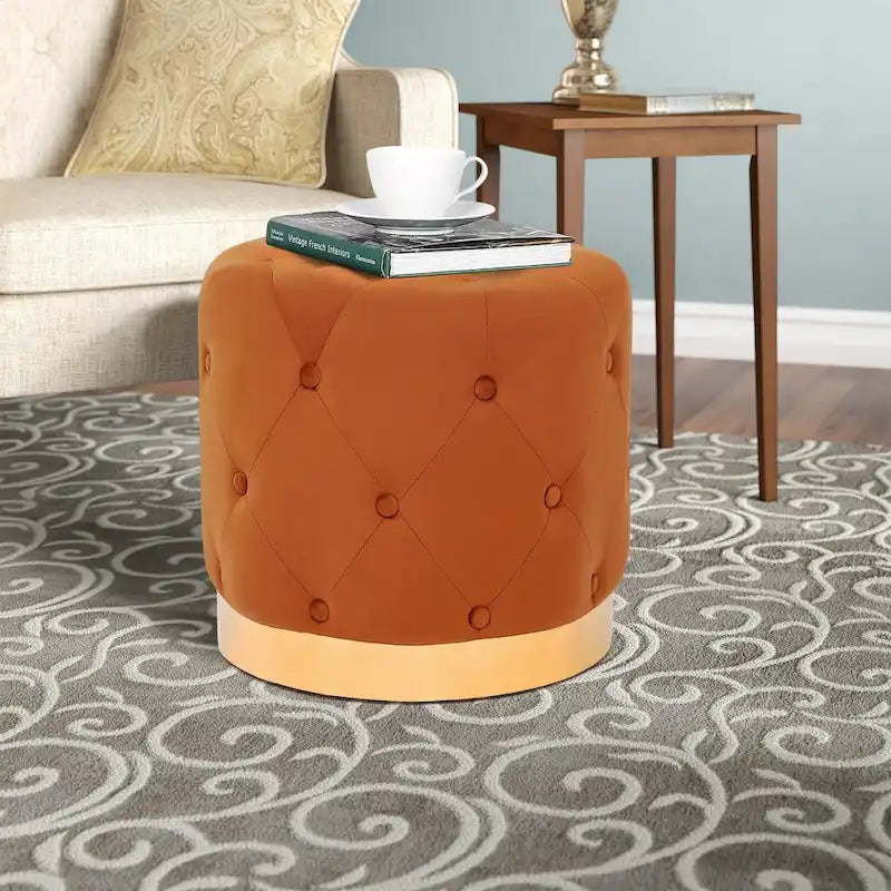 Pouf rond en velours gris/vert/bleu/orange/blanc, base plaquée or, repose-pieds et siège individuel