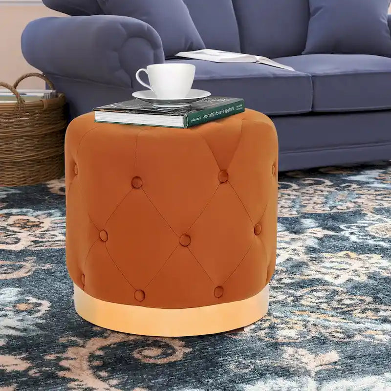 Pouf rond en velours gris/vert/bleu/orange/blanc, base plaquée or, repose-pieds et siège individuel