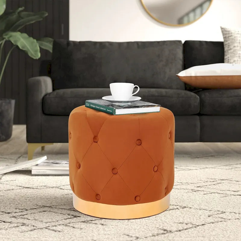 Pouf rond en velours gris/vert/bleu/orange/blanc, base plaquée or, repose-pieds et siège individuel