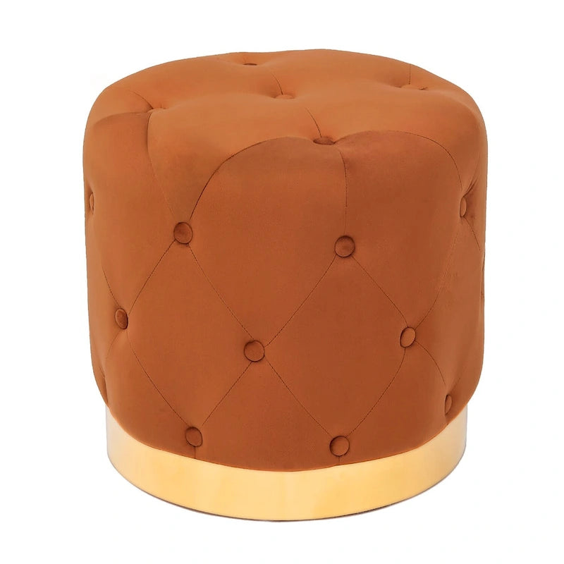 Pouf rond en velours gris/vert/bleu/orange/blanc, base plaquée or, repose-pieds et siège individuel