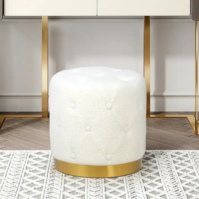 Pouf rond en velours gris/vert/bleu/orange/blanc, base plaquée or, repose-pieds et siège individuel
