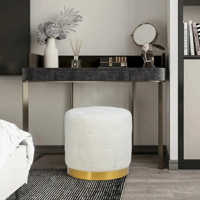 Pouf rond en velours gris/vert/bleu/orange/blanc, base plaquée or, repose-pieds et siège individuel