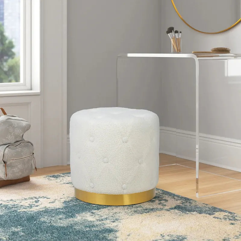 Pouf rond en velours gris/vert/bleu/orange/blanc, base plaquée or, repose-pieds et siège individuel
