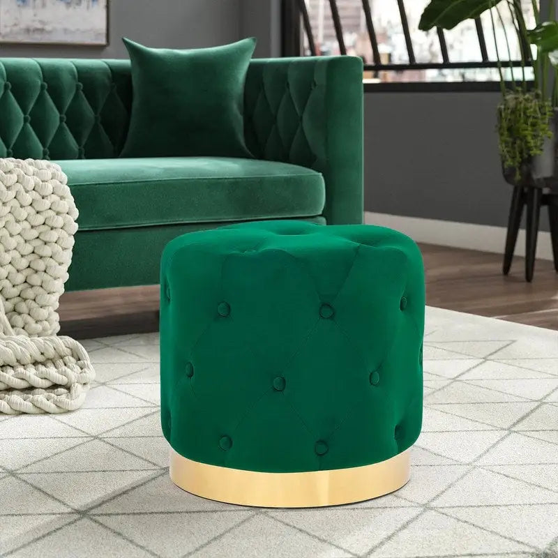Pouf rond en velours gris/vert/bleu/orange/blanc, base plaquée or, repose-pieds et siège individuel