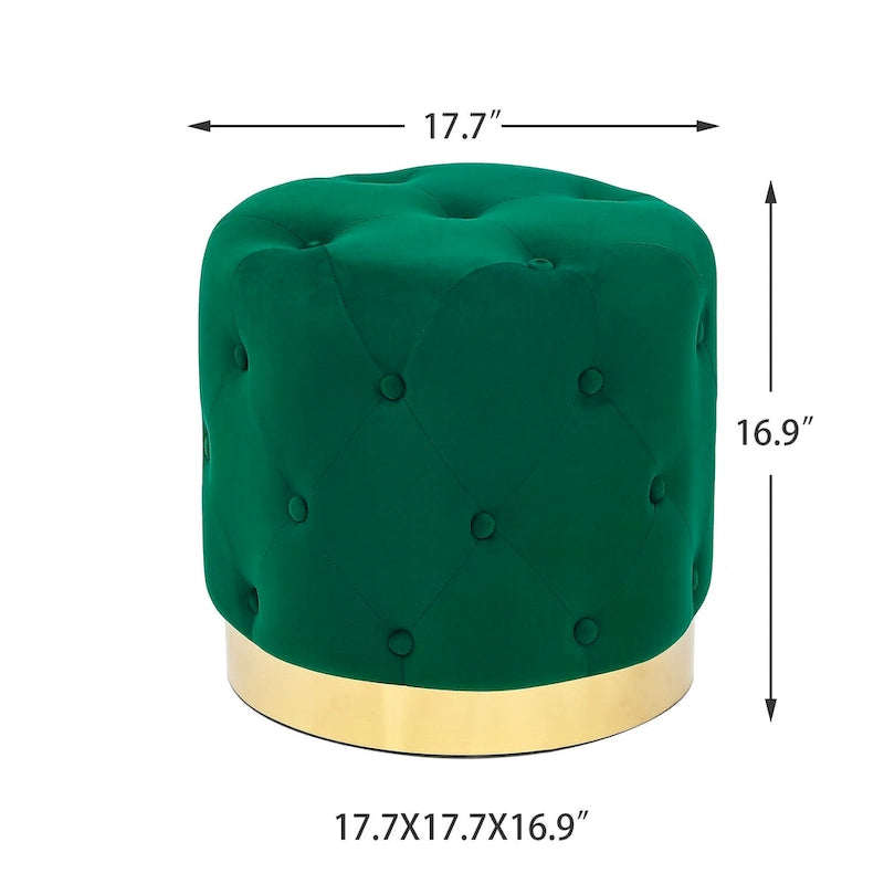 Pouf rond en velours gris/vert/bleu/orange/blanc, base plaquée or, repose-pieds et siège individuel