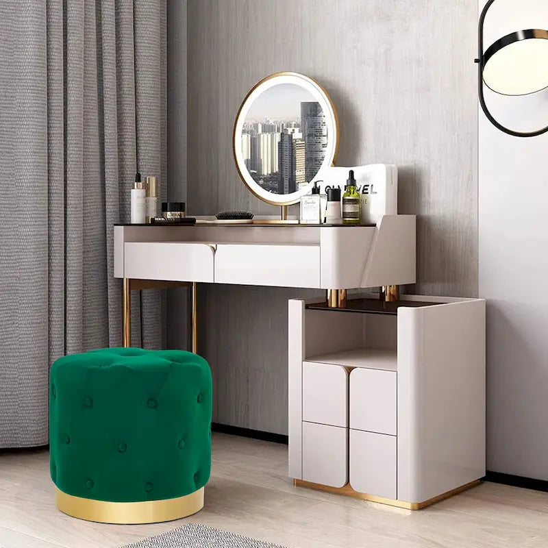 Pouf rond en velours gris/vert/bleu/orange/blanc, base plaquée or, repose-pieds et siège individuel