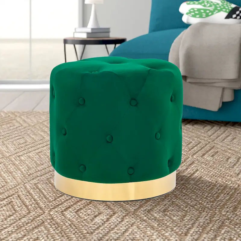 Pouf rond en velours gris/vert/bleu/orange/blanc, base plaquée or, repose-pieds et siège individuel