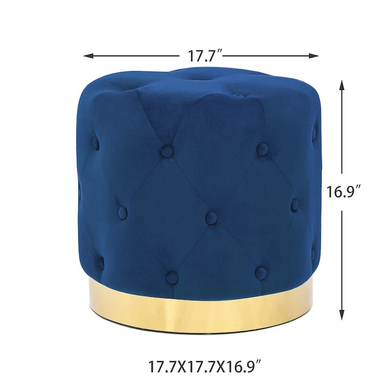 Pouf rond en velours gris/vert/bleu/orange/blanc, base plaquée or, repose-pieds et siège individuel
