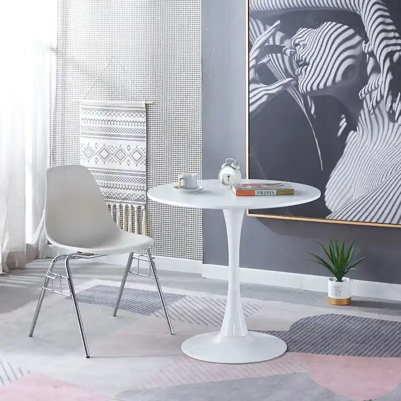 Table de salle à manger ronde à pied central, blanc/noir, style milieu de siècle, 2 à 4 places