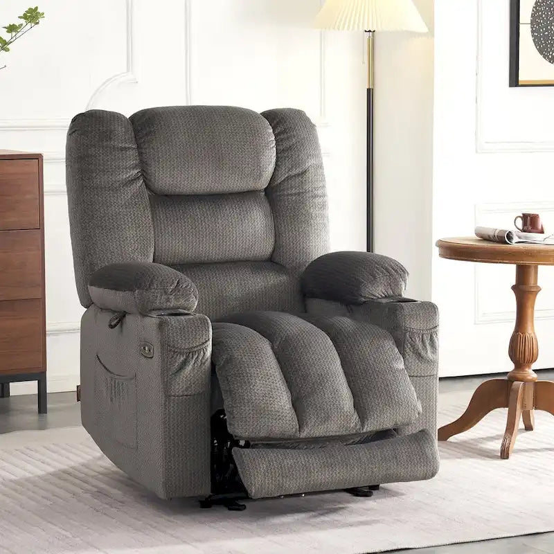 Fauteuil inclinable électrique chauffant et massant en tissu, 1 place – Marron foncé / Gris / Beige / Bleu, Moyen et Grand