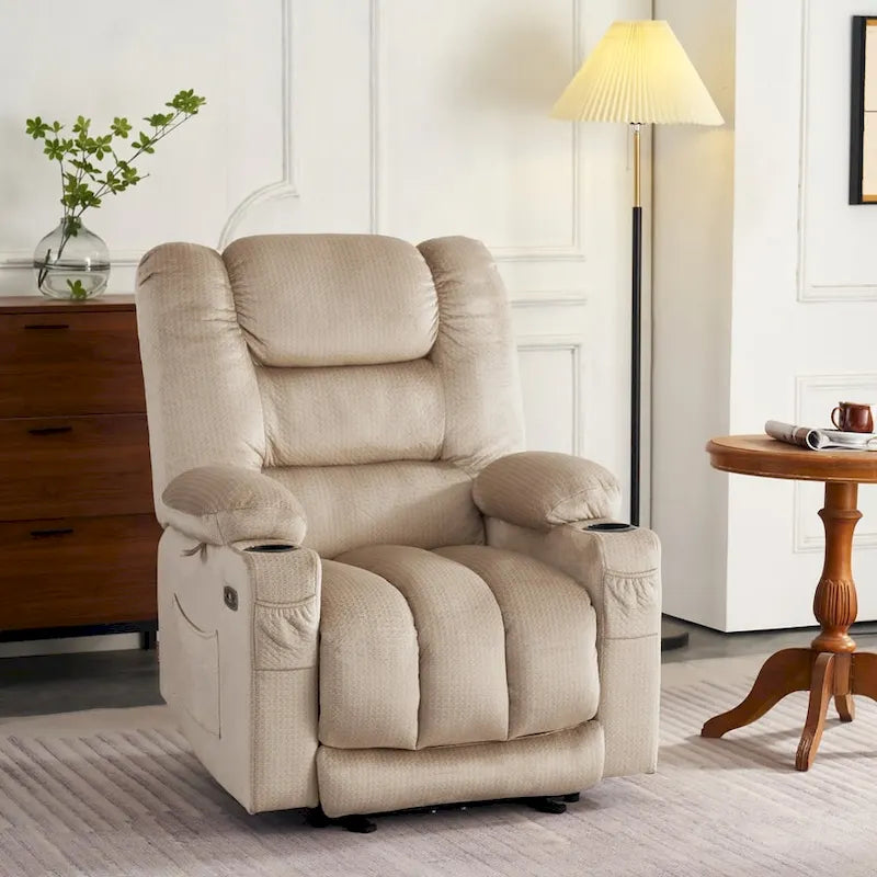 Fauteuil inclinable électrique chauffant et massant en tissu, 1 place – Marron foncé / Gris / Beige / Bleu, Moyen et Grand