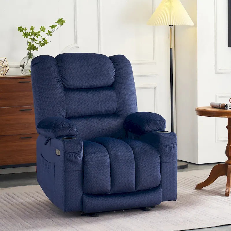 Fauteuil inclinable électrique chauffant et massant en tissu, 1 place – Marron foncé / Gris / Beige / Bleu, Moyen et Grand