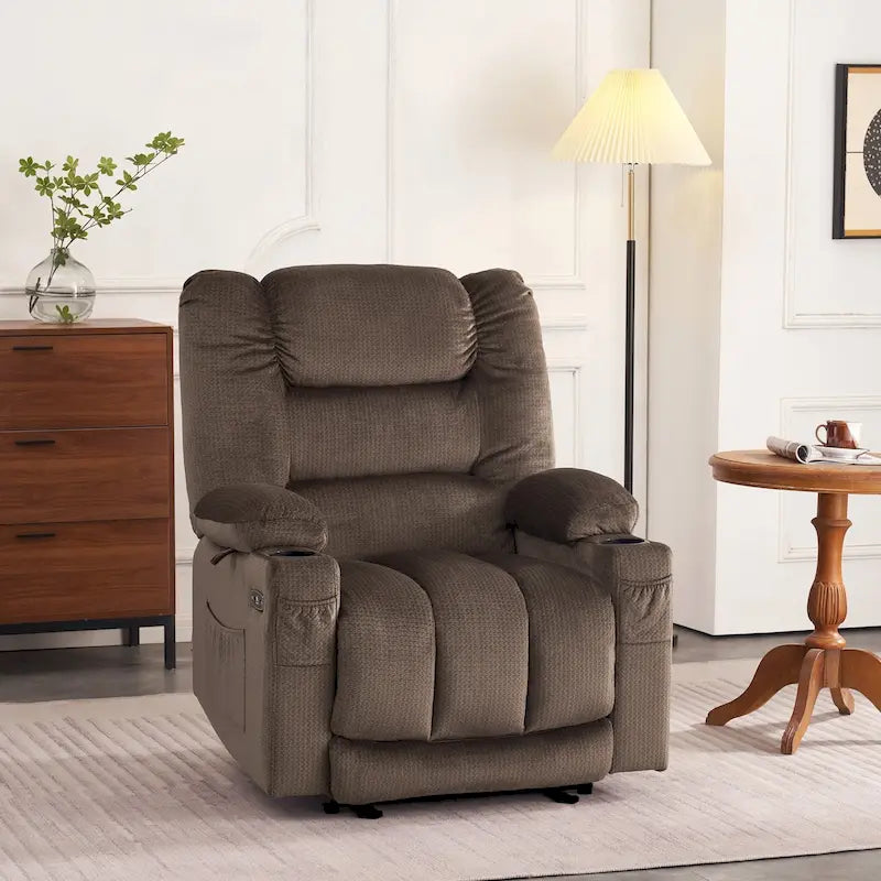 Fauteuil inclinable électrique chauffant et massant en tissu, 1 place – Marron foncé / Gris / Beige / Bleu, Moyen et Grand