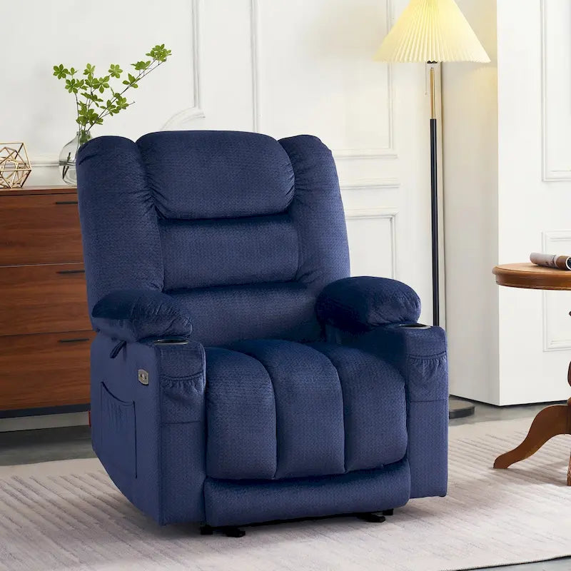 Fauteuil inclinable électrique chauffant et massant en tissu, 1 place – Marron foncé / Gris / Beige / Bleu, Moyen et Grand