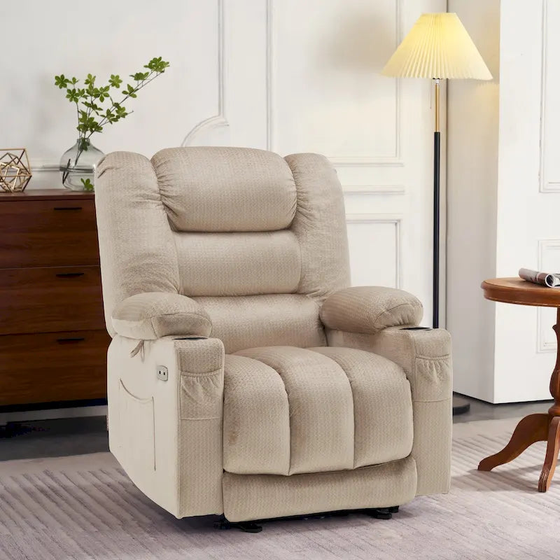 Fauteuil inclinable électrique chauffant et massant en tissu, 1 place – Marron foncé / Gris / Beige / Bleu, Moyen et Grand