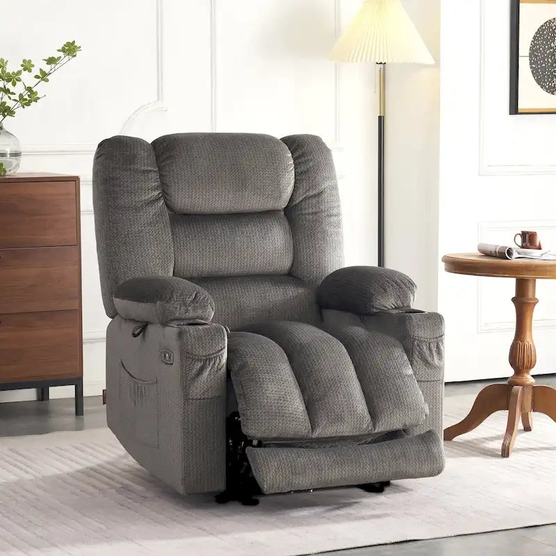 Fauteuil inclinable électrique chauffant et massant en tissu, 1 place – Marron foncé / Gris / Beige / Bleu, Moyen et Grand