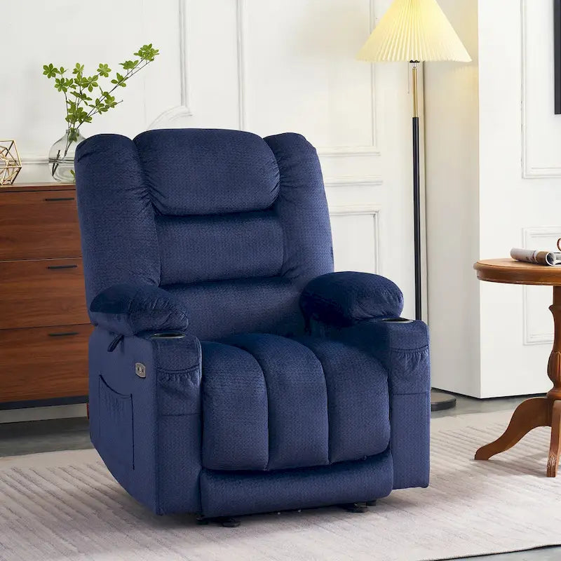 Fauteuil inclinable électrique chauffant et massant en tissu, 1 place – Marron foncé / Gris / Beige / Bleu, Moyen et Grand