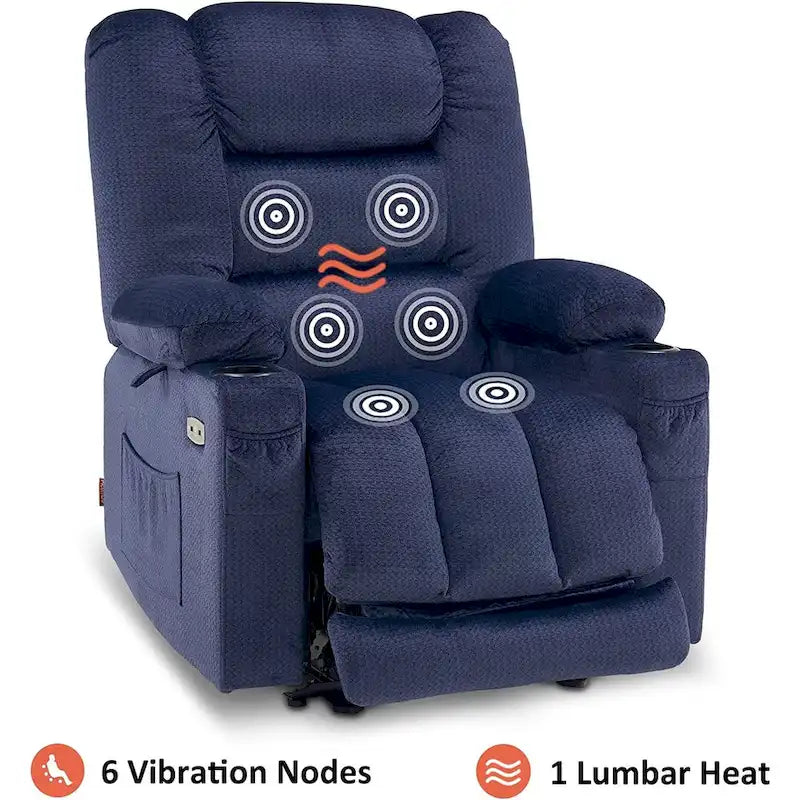 Fauteuil inclinable électrique chauffant et massant en tissu, 1 place – Marron foncé / Gris / Beige / Bleu, Moyen et Grand