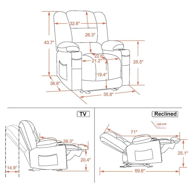 Fauteuil inclinable électrique chauffant et massant en tissu, 1 place – Marron foncé / Gris / Beige / Bleu, Moyen et Grand