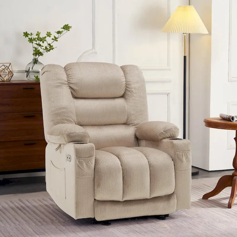 Fauteuil inclinable électrique chauffant et massant en tissu, 1 place – Marron foncé / Gris / Beige / Bleu, Moyen et Grand