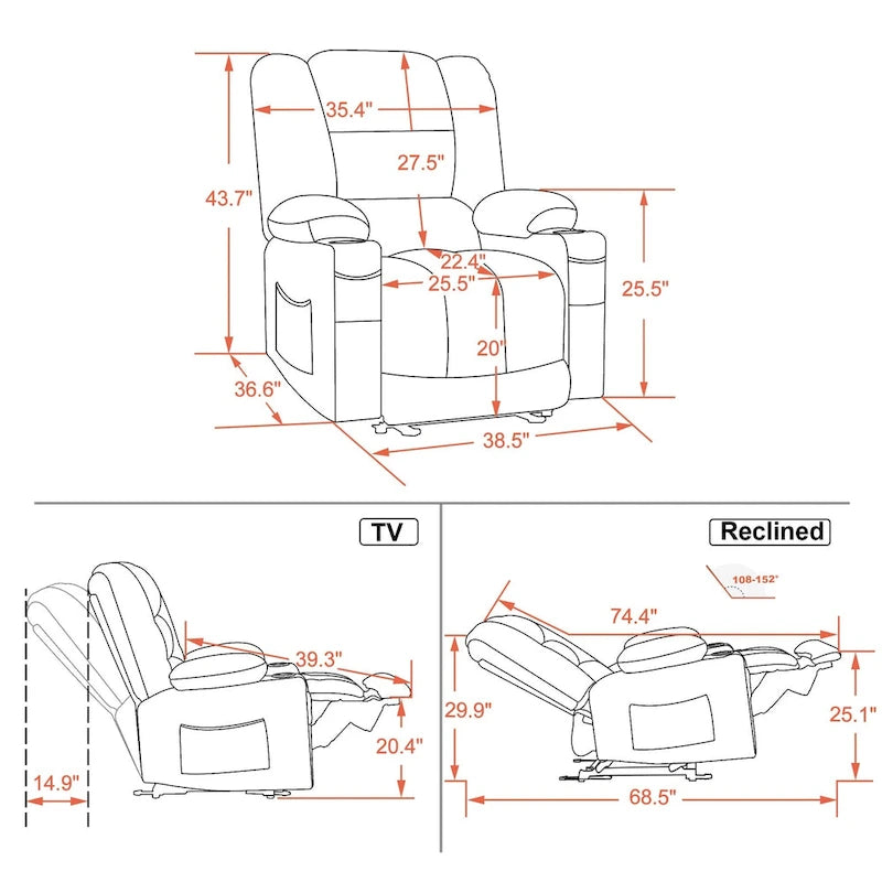 Fauteuil inclinable électrique chauffant et massant en tissu, 1 place – Marron foncé / Gris / Beige / Bleu, Moyen et Grand