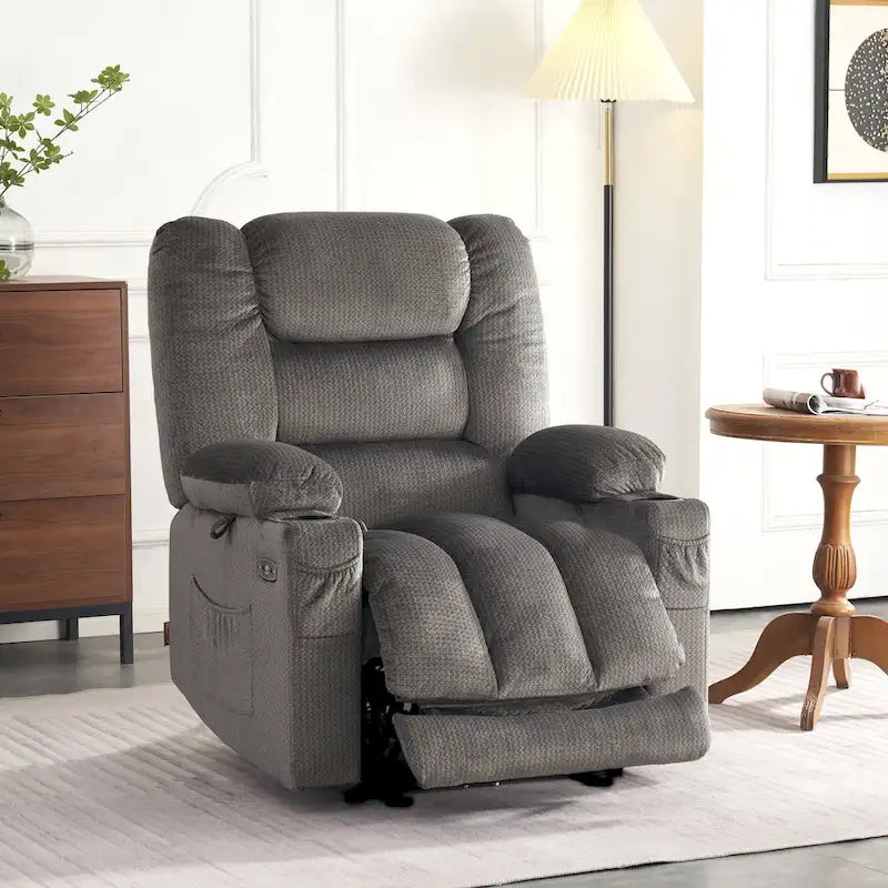 Fauteuil inclinable électrique chauffant et massant en tissu, 1 place – Marron foncé / Gris / Beige / Bleu, Moyen et Grand