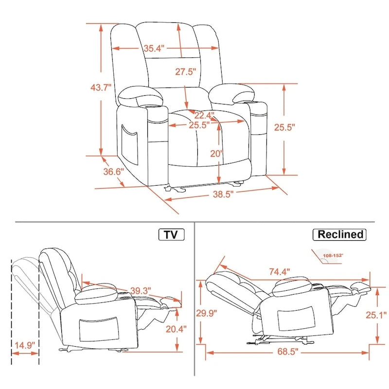 Fauteuil inclinable électrique chauffant et massant en tissu, 1 place – Marron foncé / Gris / Beige / Bleu, Moyen et Grand