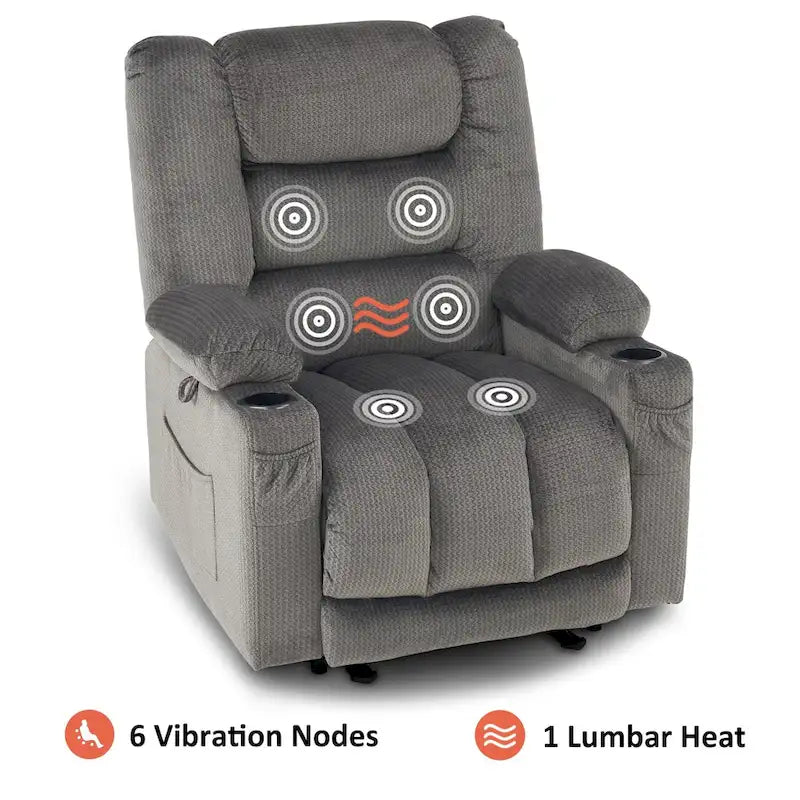 Fauteuil inclinable électrique chauffant et massant en tissu, 1 place – Marron foncé / Gris / Beige / Bleu, Moyen et Grand