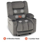 Fauteuil inclinable électrique chauffant et massant en tissu, 1 place – Marron foncé / Gris / Beige / Bleu, Moyen et Grand