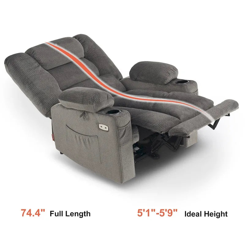 Fauteuil inclinable électrique chauffant et massant en tissu, 1 place – Marron foncé / Gris / Beige / Bleu, Moyen et Grand