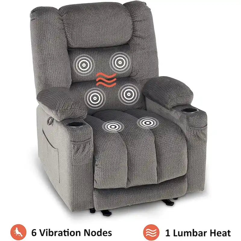 Fauteuil inclinable électrique chauffant et massant en tissu, 1 place – Marron foncé / Gris / Beige / Bleu, Moyen et Grand
