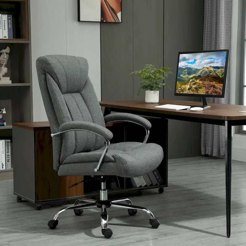 Chaise de bureau ergonomique pivotante à dossier haut noir/gris pour 1 personne, hauteur réglable, tissu lin