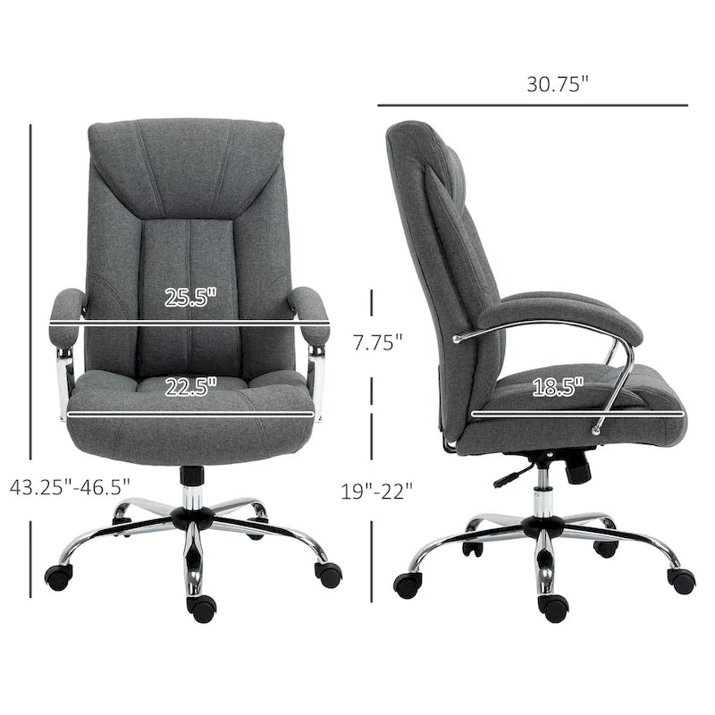 Chaise de bureau ergonomique pivotante à dossier haut noir/gris pour 1 personne, hauteur réglable, tissu lin