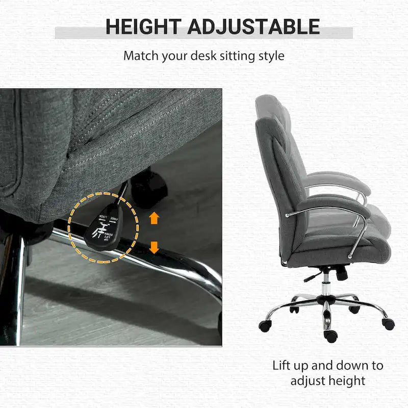 Chaise de bureau ergonomique pivotante à dossier haut noir/gris pour 1 personne, hauteur réglable, tissu lin