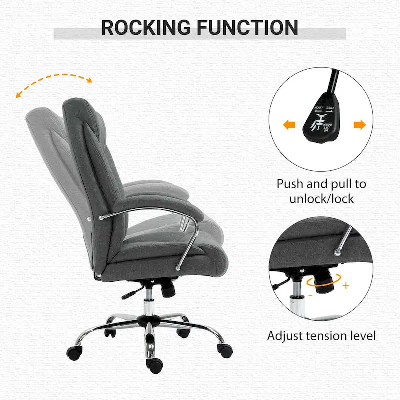 Chaise de bureau ergonomique pivotante à dossier haut noir/gris pour 1 personne, hauteur réglable, tissu lin