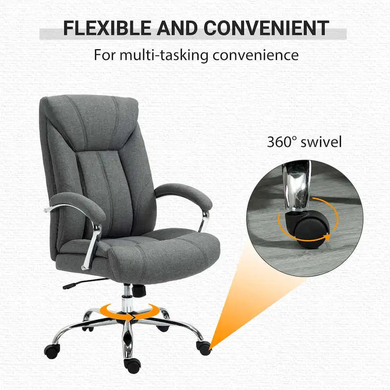 Chaise de bureau ergonomique pivotante à dossier haut noir/gris pour 1 personne, hauteur réglable, tissu lin